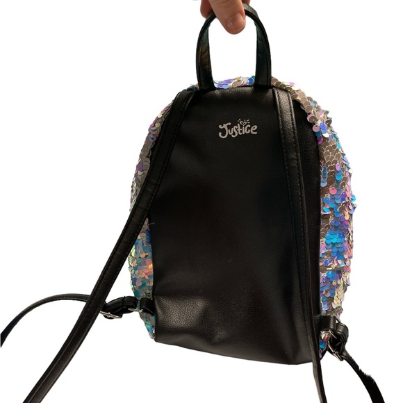 Justice Sequins Initial R Mini Backpack Girls Silver & Pink, with key chain. - Picture 2 of 3